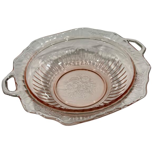 Vintage Pink Depression Glass Handled Bowl Floral Etched Centerpiece - Picture 8 of 16